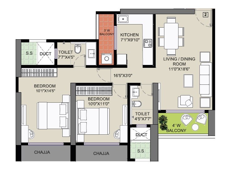 Floor plan of 2 BHK 800 Sq. Ft. Apartment in Mathuresh Monopoli, Mumbai
