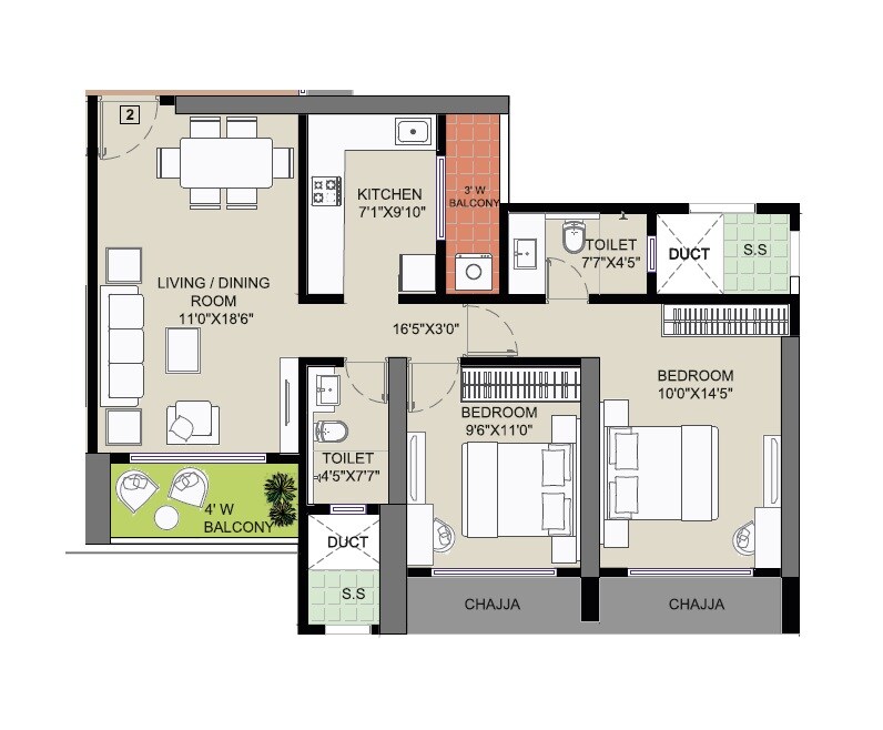 Floor plan of 2 BHK 710 Sq. Ft. Apartment in Mathuresh Monopoli, Mumbai