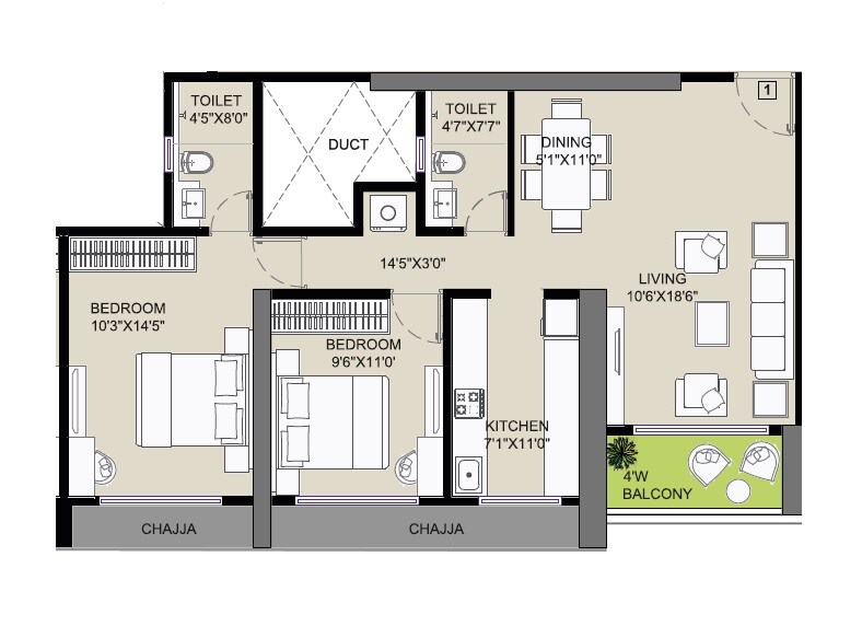 2 BHK 769 Sq. Ft. Apartment