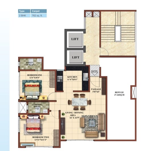 2 BHK 762 Sq. Ft. Apartment