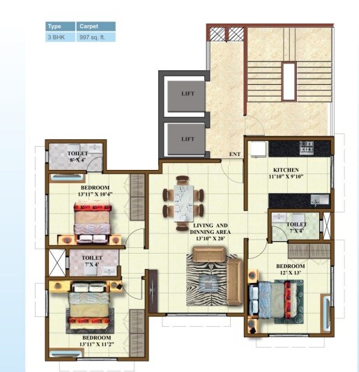3 BHK 997 Sq. Ft. Apartment