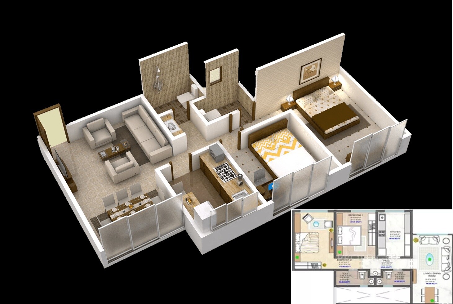 Floor plan of 2 BHK 690 Sq. Ft. Apartment in Matoshree Nisarg, Mumbai