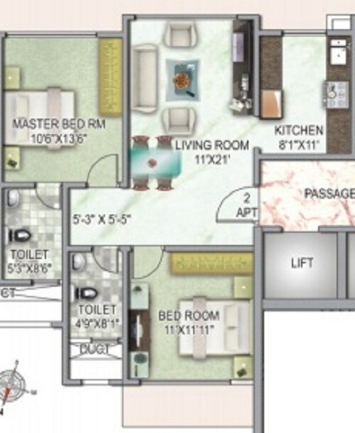 Floor plan of 2 BHK 711 Sq. Ft. Apartment in Matoshree Pride, Mumbai
