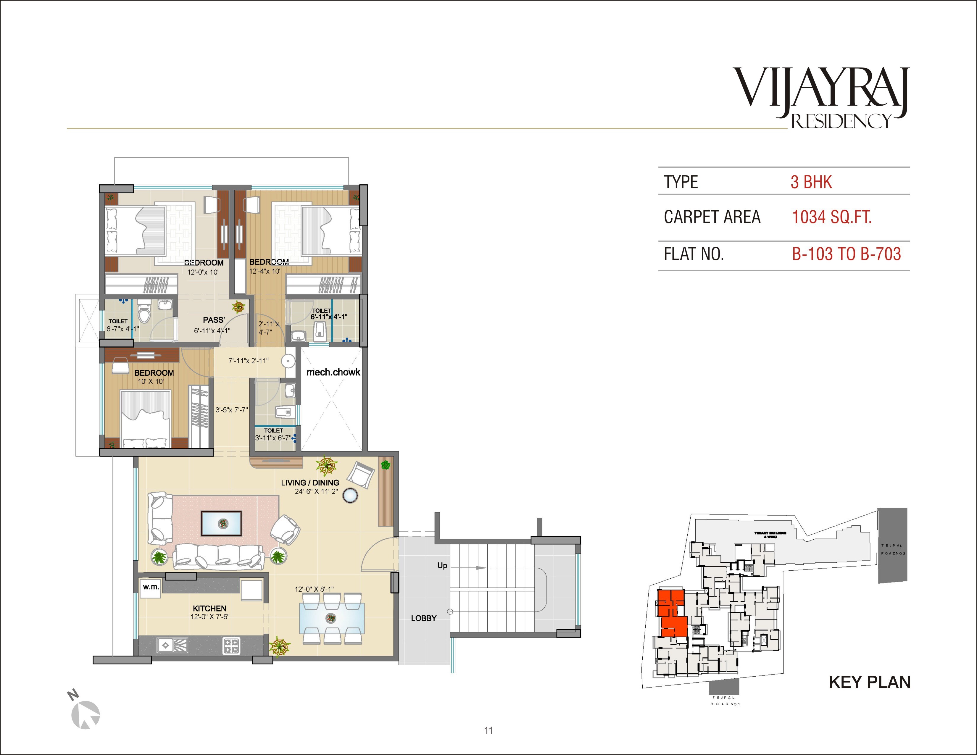 Floor plan of 3 BHK 1034 Sq. Ft. Apartment in Matoshree Vijayraj Residency, Mumbai