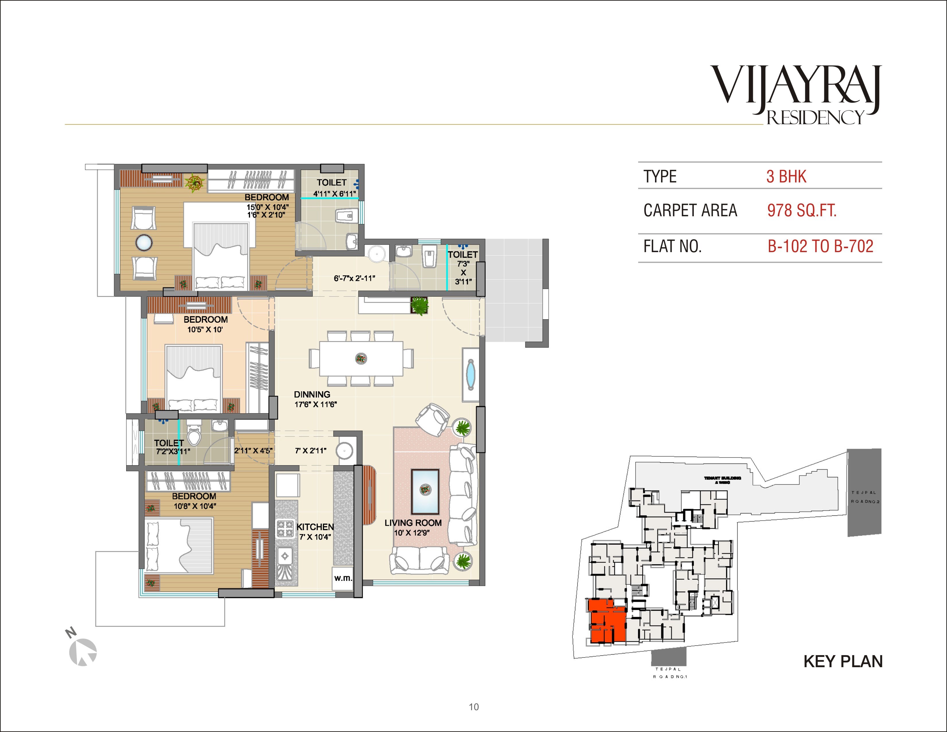 Floor plan of 3 BHK 978 Sq. Ft. Apartment in Matoshree Vijayraj Residency, Mumbai