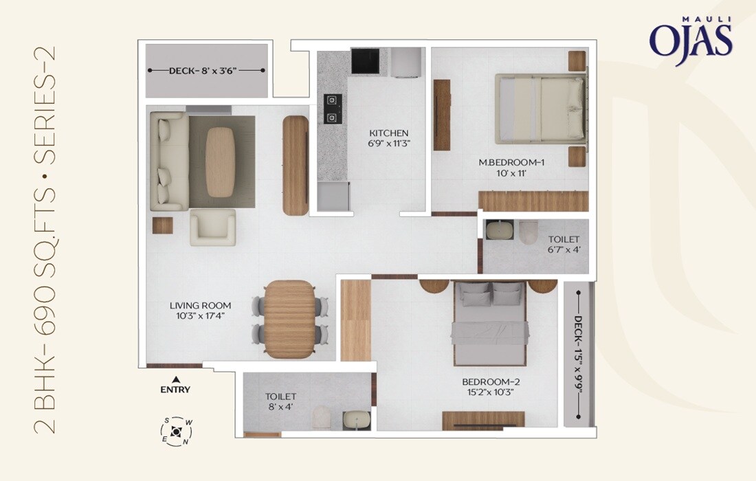 Floor plan of 2 BHK 690 Sq. Ft. Apartment in Mauli Ojas, Mumbai