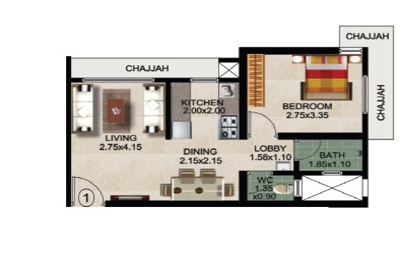 Floor plan of 1 BHK 392 Sq. Ft. Apartment in Mauli Pride, Mumbai