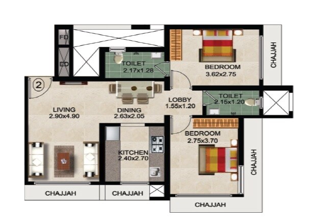 Floor plan of 2 BHK 576 Sq. Ft. Apartment in Mauli Pride, Mumbai