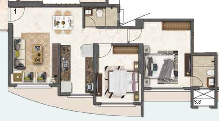Floor plan of 2 BHK 743 Sq. Ft. Apartment in Mavani Geetanjali, Mumbai