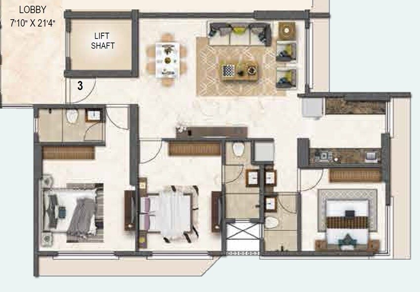 Floor plan of 3 BHK 1040 Sq. Ft. Apartment in Mavani Geetanjali, Mumbai
