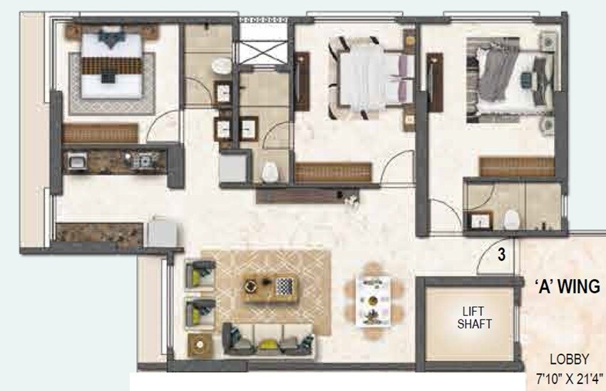 Floor plan of 3 BHK 967 Sq. Ft. Apartment in Mavani Geetanjali, Mumbai