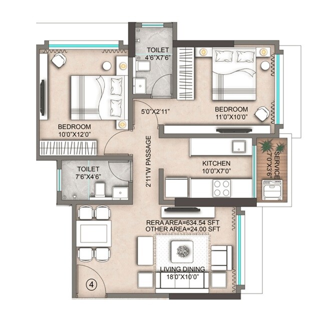 Floor plan of 2 BHK 659 Sq. Ft. Apartment in Maverick Namaha, Mumbai