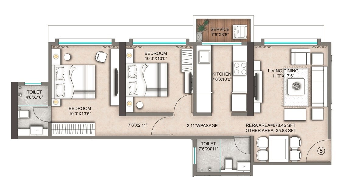 Floor plan of 2 BHK 704 Sq. Ft. Apartment in Maverick Namaha, Mumbai