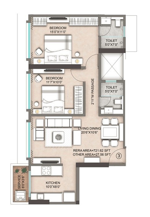 Floor plan of 2 BHK 749 Sq. Ft. Apartment in Maverick Namaha, Mumbai