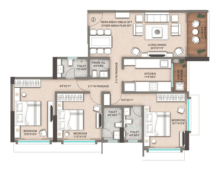 Floor plan of 3 BHK 1165 Sq. Ft. Apartment in Maverick Namaha, Mumbai