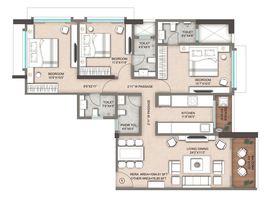Floor plan of 3 BHK 1172 Sq. Ft. Apartment in Maverick Namaha, Mumbai