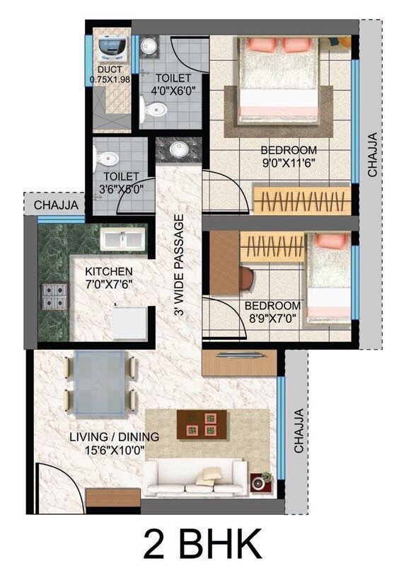 Floor plan of 2 BHK 503 Sq. Ft. Apartment in Maverick Wishvas, Mumbai