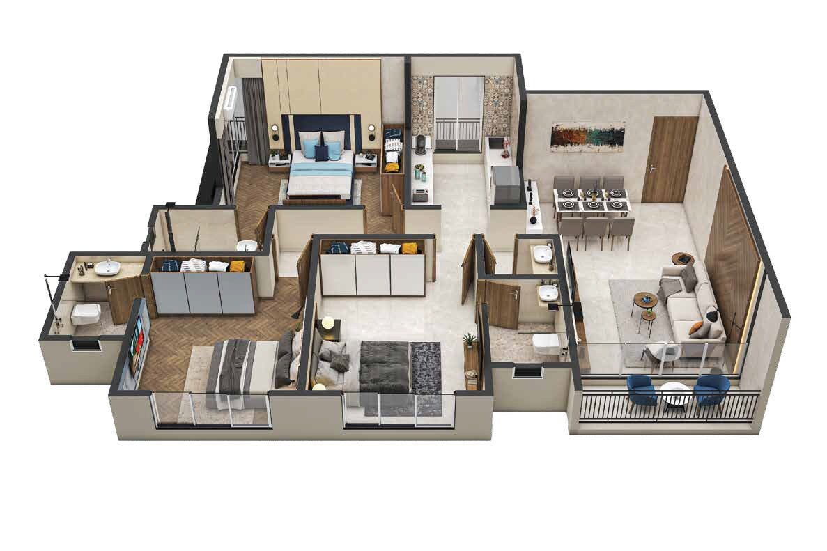 Floor plan of 3 BHK 1091 Sq. Ft. Apartment in Mayfair Aranya, Mumbai