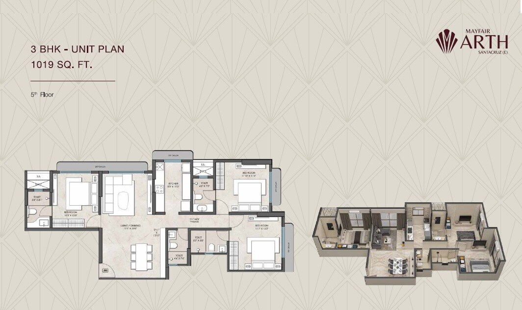 3 BHK 1019 Sq. Ft. Apartment