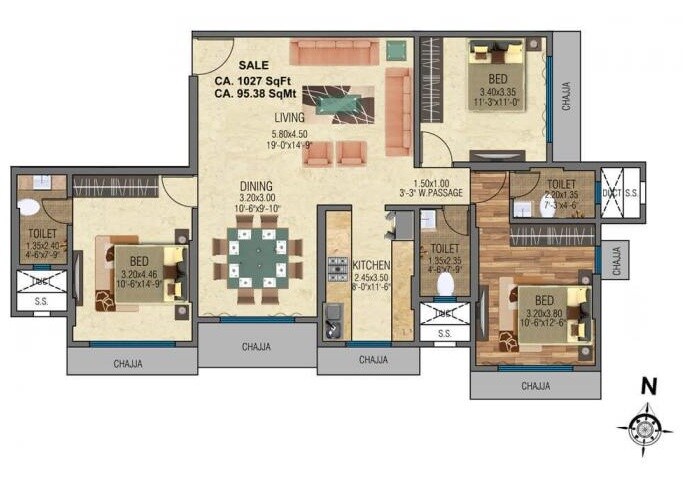 3 BHK 1027 Sq. Ft. Apartment