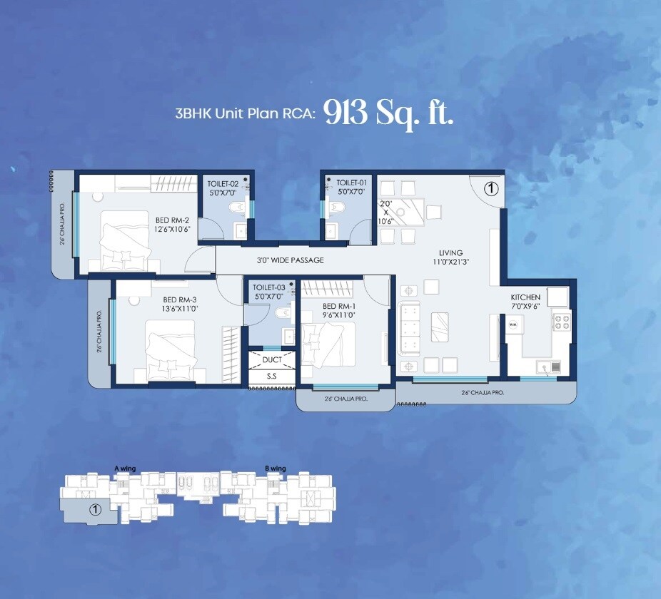 3 BHK 832 Sq. Ft. Apartment