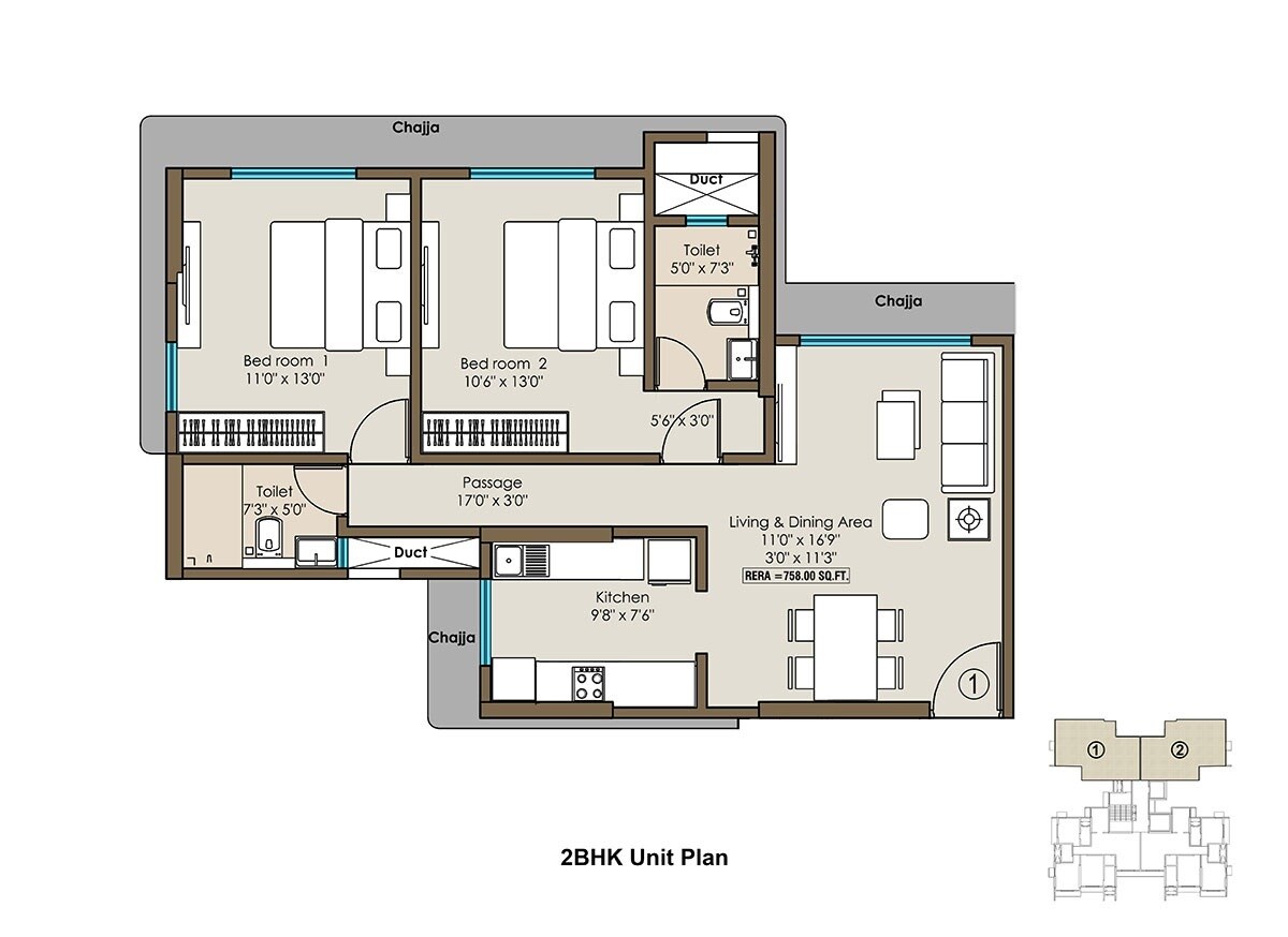 Floor plan of 2 BHK 758 Sq. Ft. Apartment in Mayfair Gnyanadeep, Mumbai