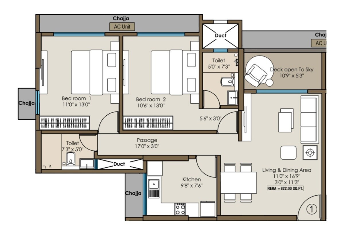 Floor plan of 2 BHK 822 Sq. Ft. Apartment in Mayfair Gnyanadeep, Mumbai