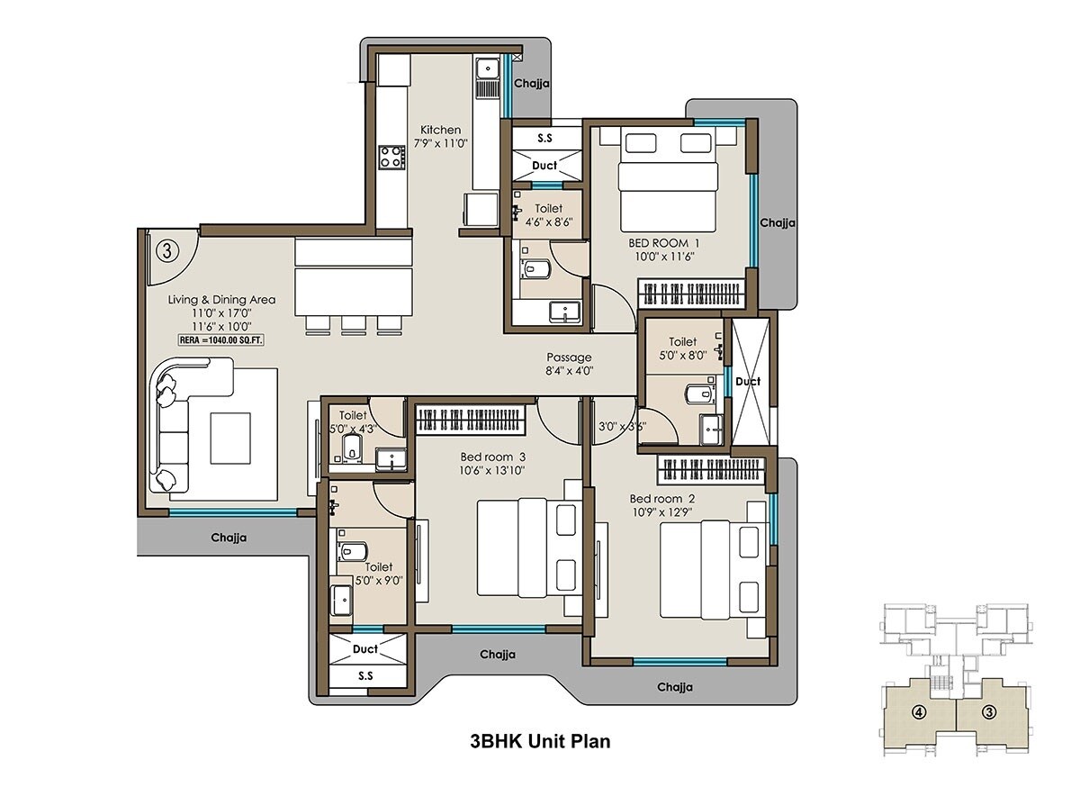 Floor plan of 3 BHK 1040 Sq. Ft. Apartment in Mayfair Gnyanadeep, Mumbai