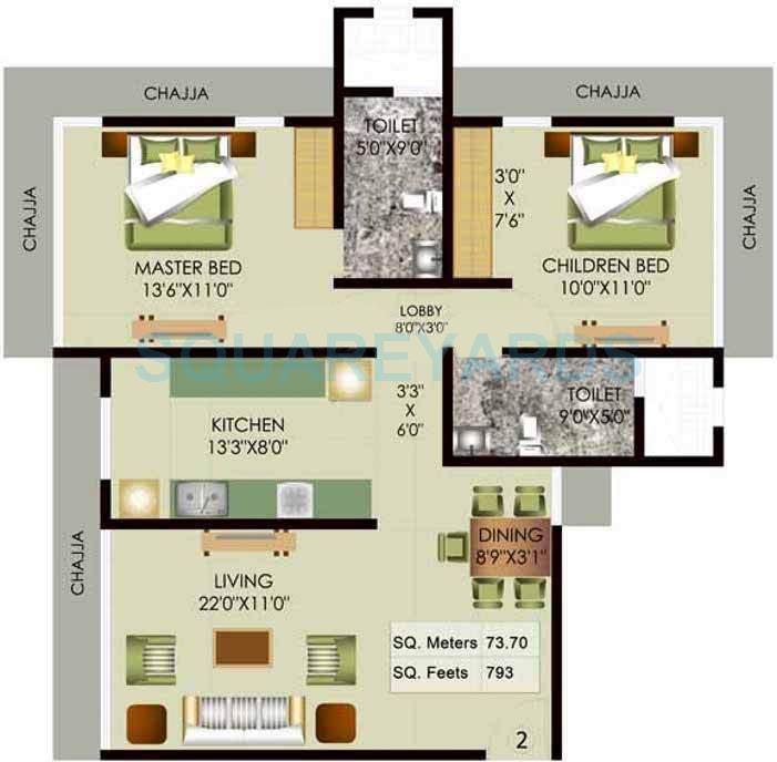 Floor plan of 2 BHK 1280 Sq. Ft. Apartment in Mayfair Housing Akshay, Mumbai
