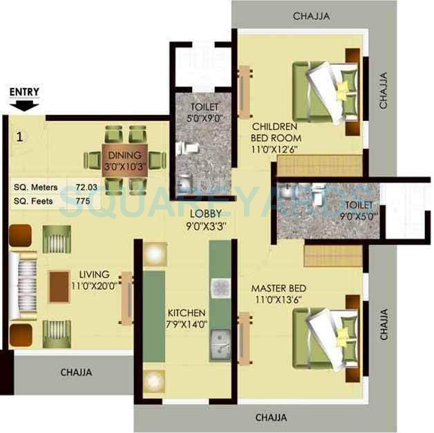 Floor plan of 2 BHK 1310 Sq. Ft. Apartment in Mayfair Housing Akshay, Mumbai