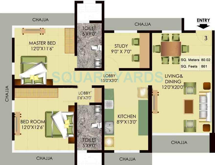 Floor plan of 2 BHK 1420 Sq. Ft. Apartment in Mayfair Housing Akshay, Mumbai