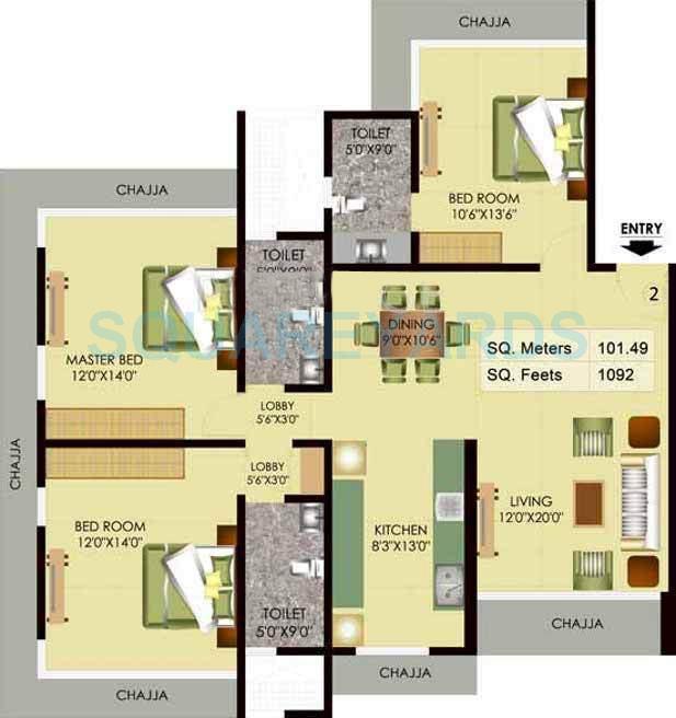 Floor plan of 3 BHK 1780 Sq. Ft. Apartment in Mayfair Housing Akshay, Mumbai