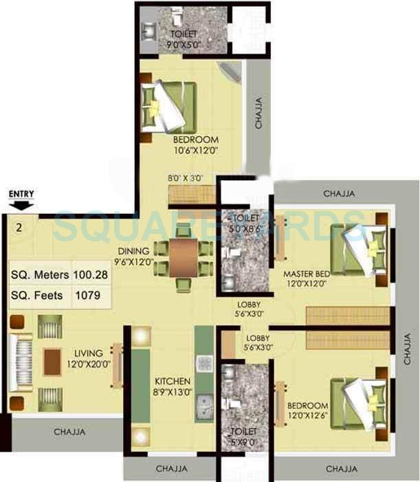 Floor plan of 3 BHK 1800 Sq. Ft. Apartment in Mayfair Housing Akshay, Mumbai