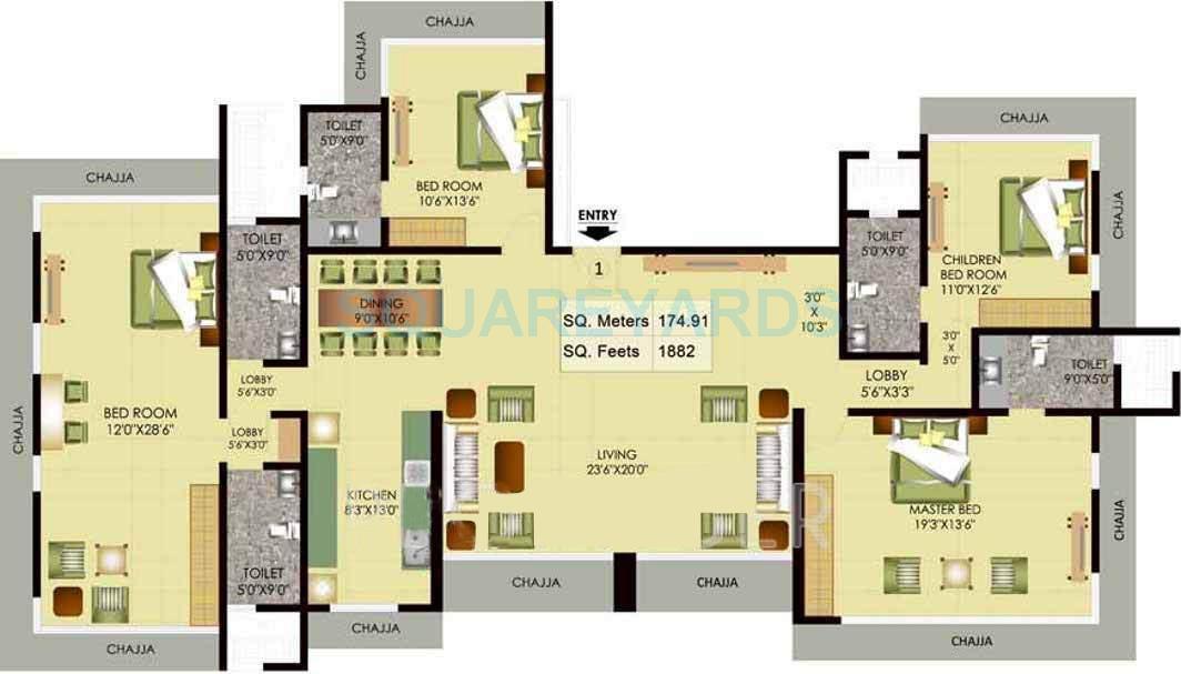 Floor plan of 4 BHK 1882 Sq. Ft. Apartment in Mayfair Housing Akshay, Mumbai