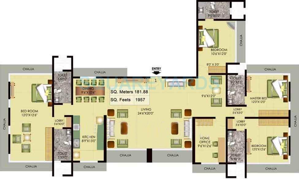 Floor plan of 4 BHK 1957 Sq. Ft. Apartment in Mayfair Housing Akshay, Mumbai