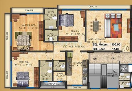 Floor plan of 3 BHK 1140 Sq. Ft. Apartment in Mayfair Housing Boulevard, Mumbai