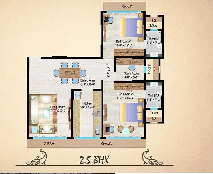 Floor plan of 2 BHK 760 Sq. Ft. Apartment in Mayfair Housing Heritage, Mumbai