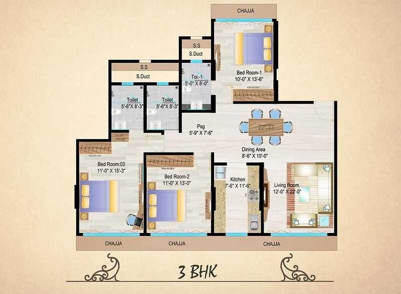 Floor plan of 3 BHK 1061 Sq. Ft. Apartment in Mayfair Housing Heritage, Mumbai