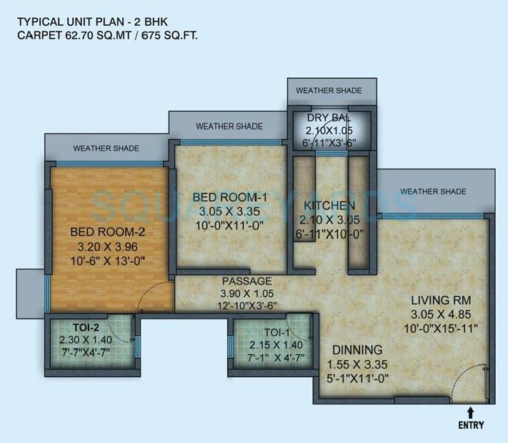 Floor plan of 2 BHK 675 Sq. Ft. Apartment in Mayfair Housing Hillcrest, Mumbai