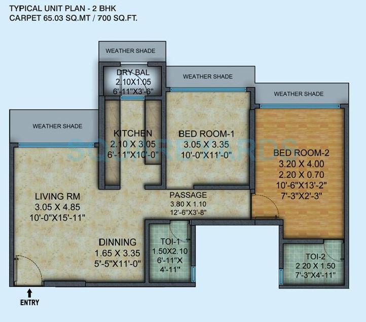 Floor plan of 2 BHK 700 Sq. Ft. Apartment in Mayfair Housing Hillcrest, Mumbai