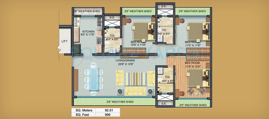 Floor plan of 3 BHK 990 Sq. Ft. Apartment in Mayfair Housing Kumkum, Mumbai