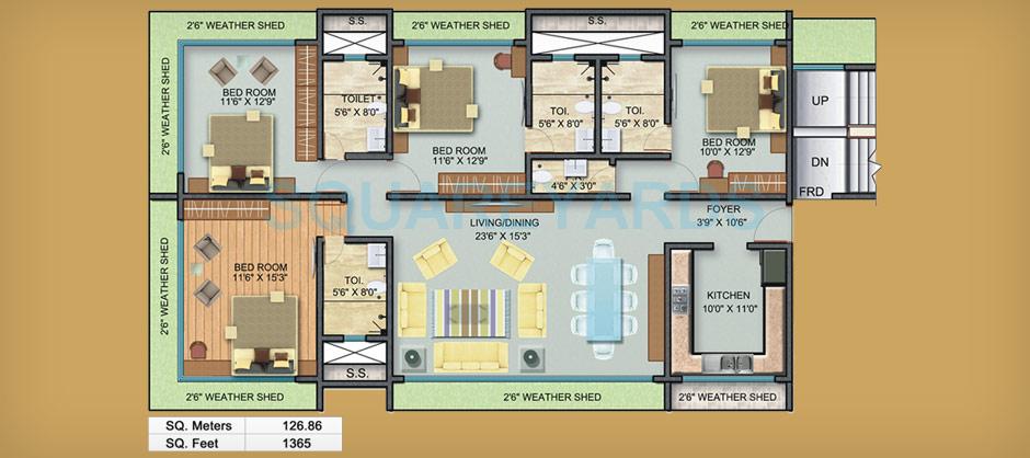 Floor plan of 4 BHK 1365 Sq. Ft. Apartment in Mayfair Housing Kumkum, Mumbai