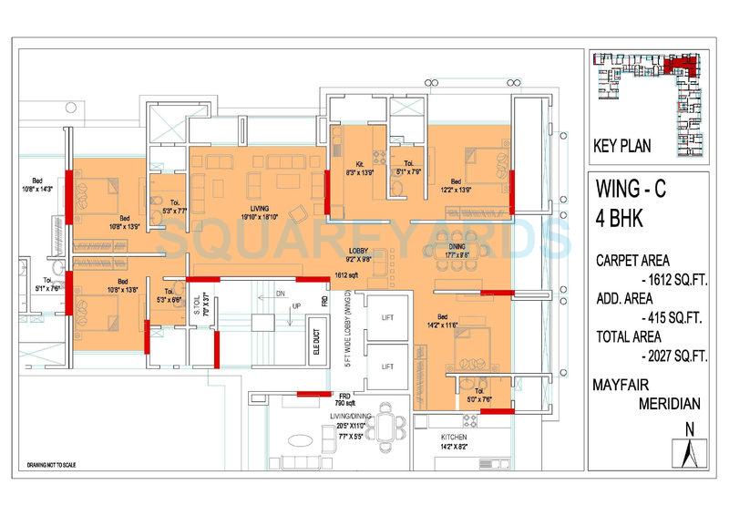 Floor plan of 4 BHK 2027 Sq. Ft. Apartment in Mayfair Housing Mayfair Marvel, Mumbai