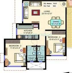 Floor plan of 2 BHK 1195 Sq. Ft. Apartment in Mayfair Housing Mystic, Mumbai