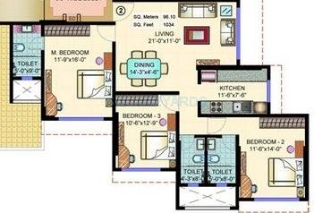 Floor plan of 3 BHK 1735 Sq. Ft. Apartment in Mayfair Housing Mystic, Mumbai