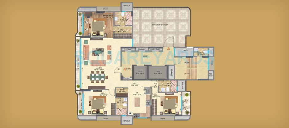 Floor plan of 3 BHK 2650 Sq. Ft. Apartment in Mayfair Housing Serene, Mumbai