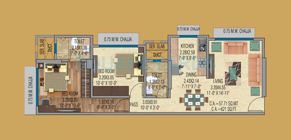 Floor plan of 2 BHK 621 Sq. Ft. Apartment in Mayfair Housing Shyam, Mumbai