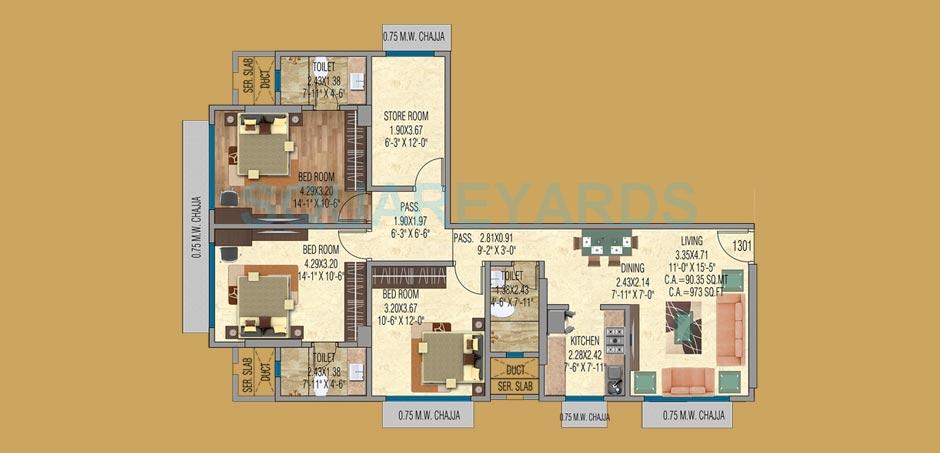 Floor plan of 3 BHK 973 Sq. Ft. Apartment in Mayfair Housing Shyam, Mumbai