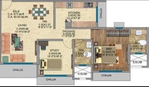 Floor plan of 2 BHK 673 Sq. Ft. Apartment in Mayfair Legends, Mumbai