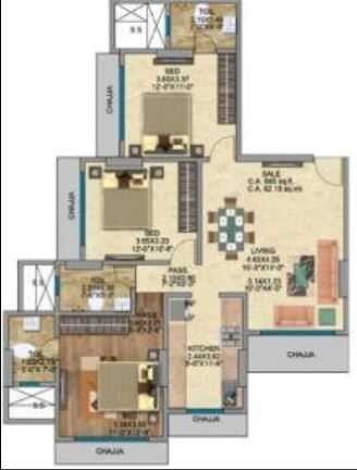 Floor plan of 3 BHK 885 Sq. Ft. Apartment in Mayfair Legends, Mumbai